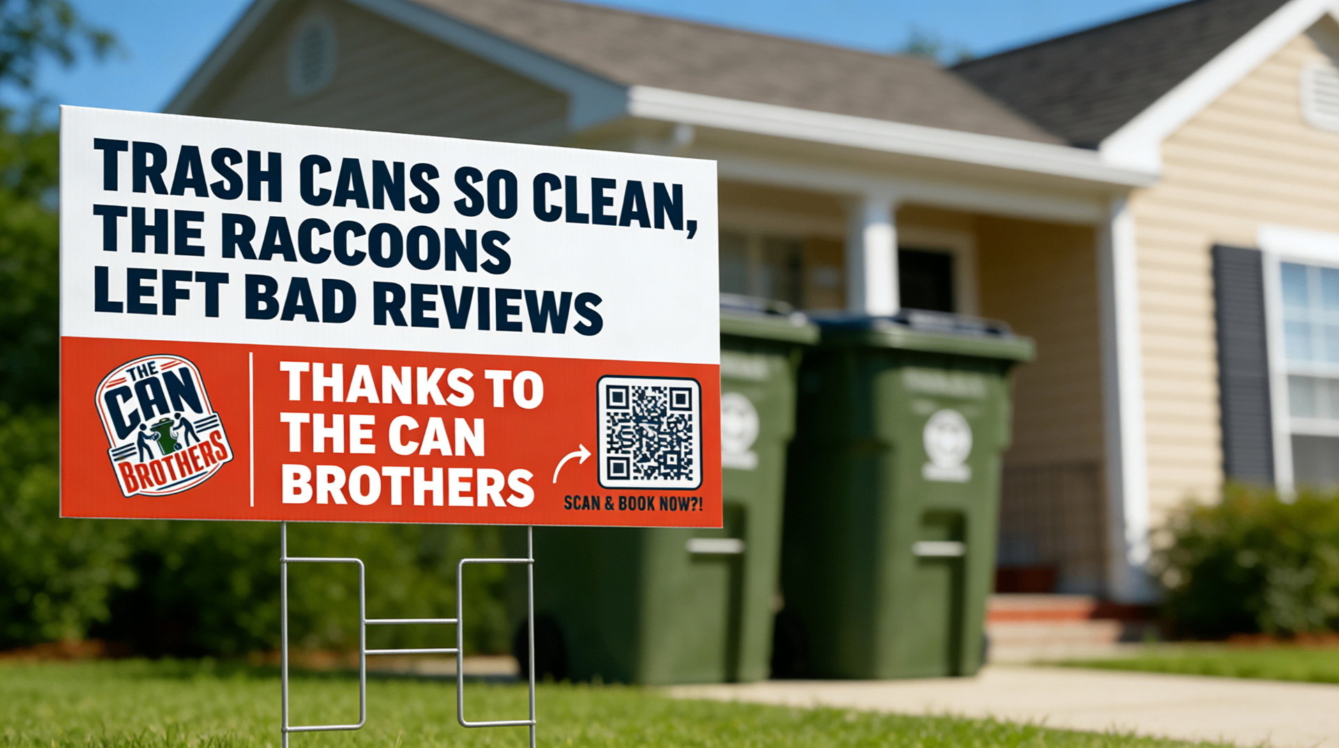 Yard sign reading 'Trash cans so clean, the raccoons left bad reviews — Thanks to The Can Brothers'